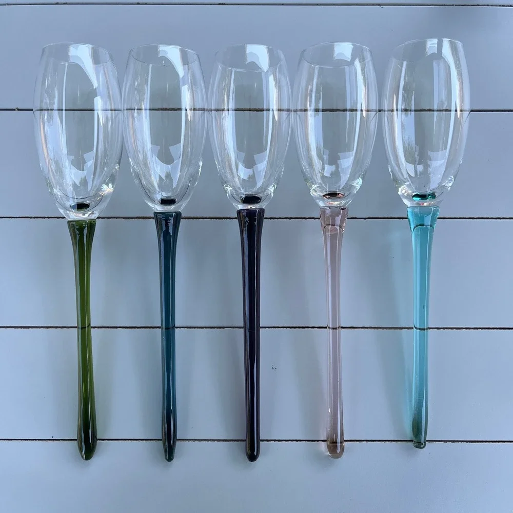 VTG 5 Hand Blown Champagne Bouquet Flutes Long Stems with Glass Vase